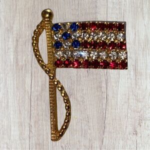 Vintage Rafaelian Gold Tone, Red, Blue & Clear Rhinestones American Flag Brooch